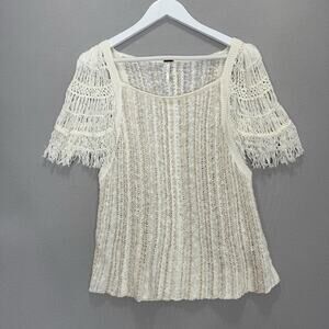 Free People Fringe Crochet Sweater Top Womens Medium Cream Multi Knit Fairy Boho